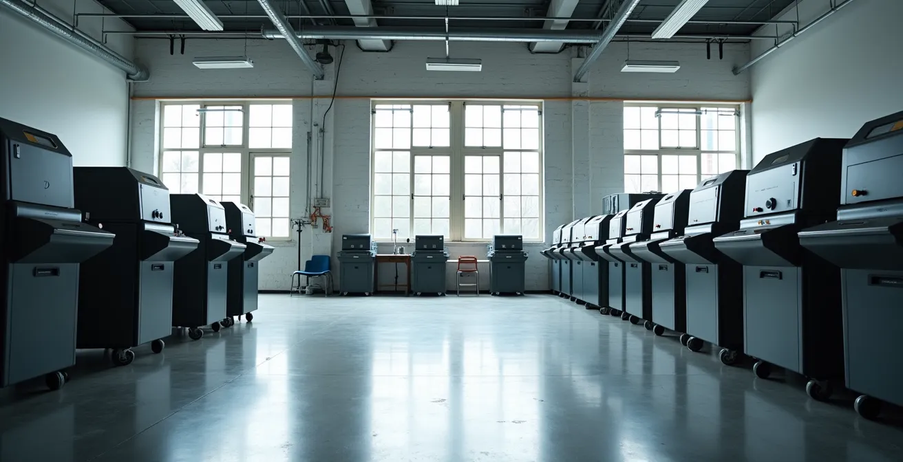 Vue large d'un atelier d'impression moderne baigné de lumière naturelle avec machines et espaces de travail harmonieusement agencés