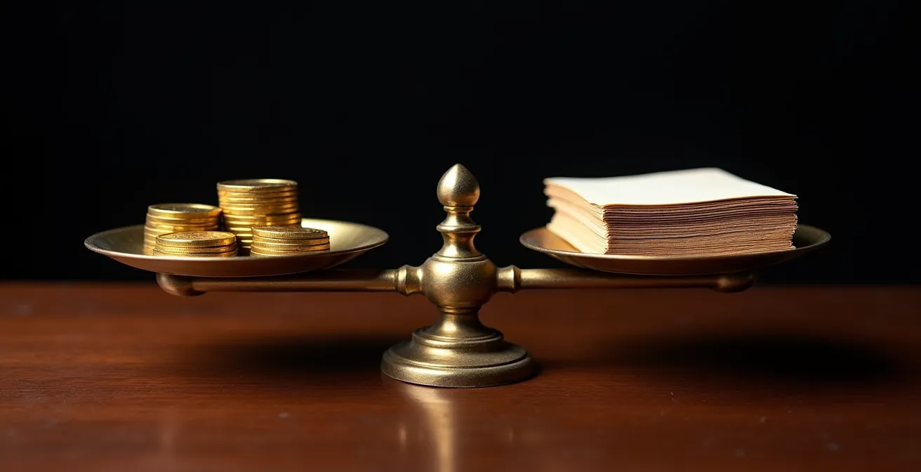 Axe Symbolique & Métaphorique : Balance vintage en laiton équilibrant des pièces d'or d'un côté et des feuilles de papier premium de l'autre