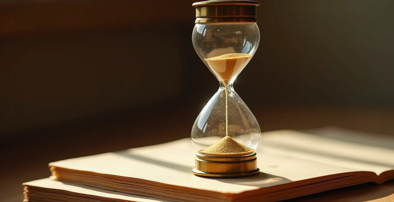 Axe Macro & Textural : Gros plan sur un sablier ancien avec des grains de sable dorés s'écoulant, posé sur des documents d'impression