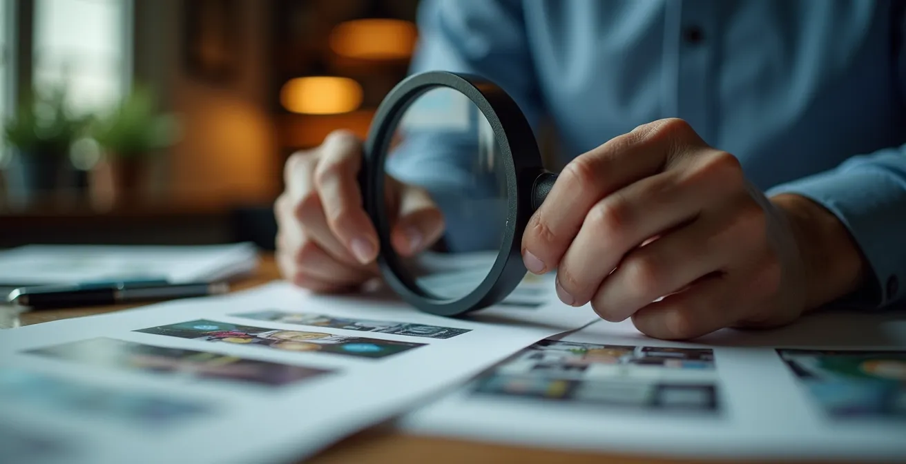 Mains d'un professionnel analysant des échantillons d'impression avec une loupe, montrant l'attention aux détails