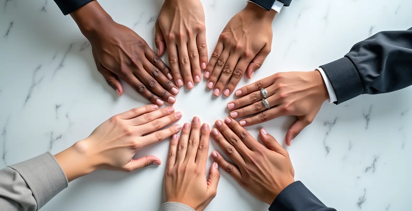 Axe Humain & Émotionnel : Plusieurs mains professionnelles se rejoignant au centre, symbolisant la collaboration et le réseau local