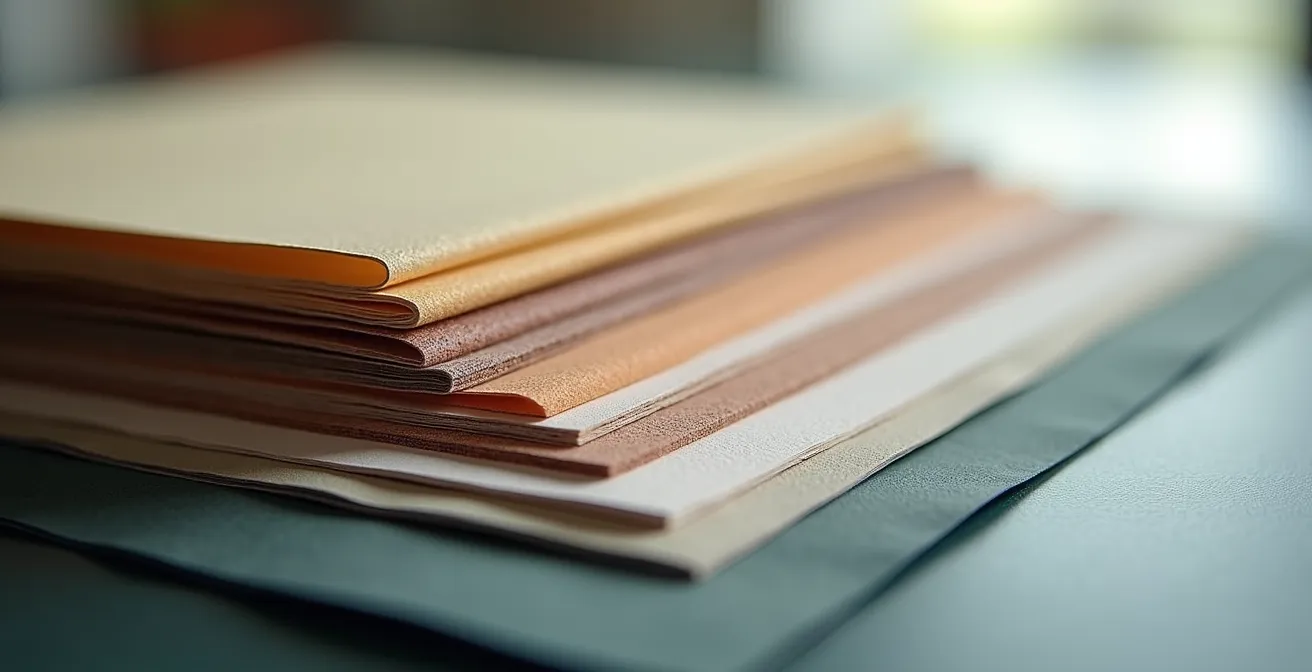 Vue macro de différentes textures de papiers imprimés superposés avec des nuances de couleurs coordonnées