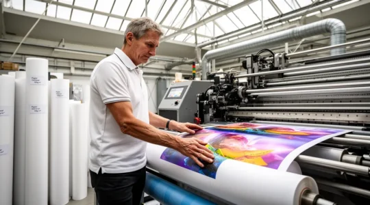 Opérateur contrôlant une impression grand format dans un atelier d'imprimerie moderne