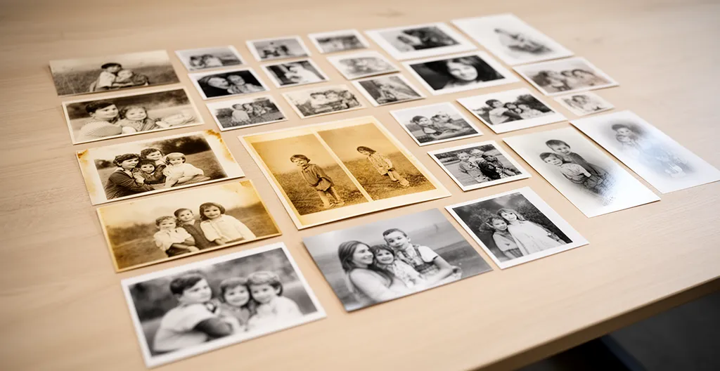 Tirages photo de différents formats (10x15 à 30x40) disposés sur une table claire pour comparaison