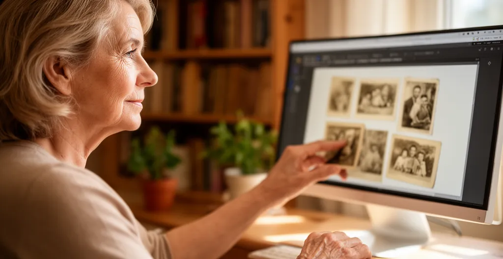 Personne sélectionnant des photos anciennes numérisées sur écran d'ordinateur avant impression