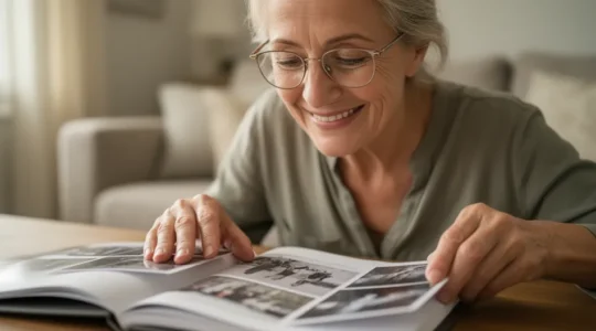 Femme senior découvrant un album photo de famille (impression photos numérisées) dans son salon
