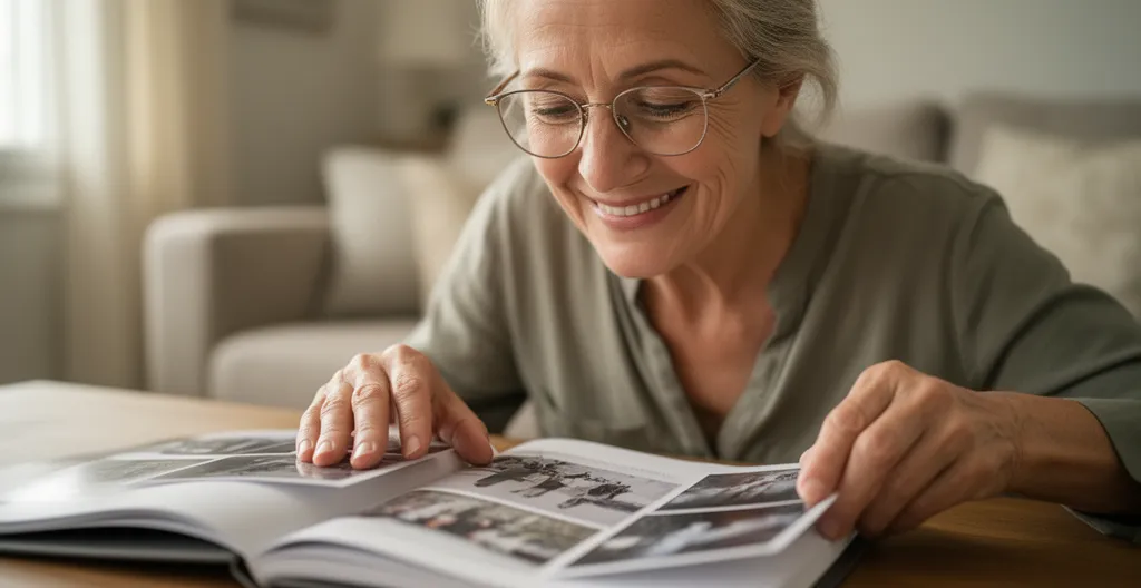 Femme senior découvrant un album photo de famille (impression photos numérisées) dans son salon