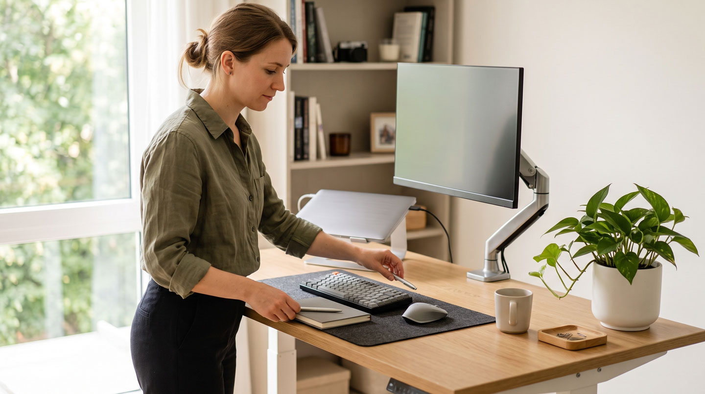 Configuration informatique avec ordinateur portable connecté à station d'accueil, écrans externes et périphériques sur bureau moderne