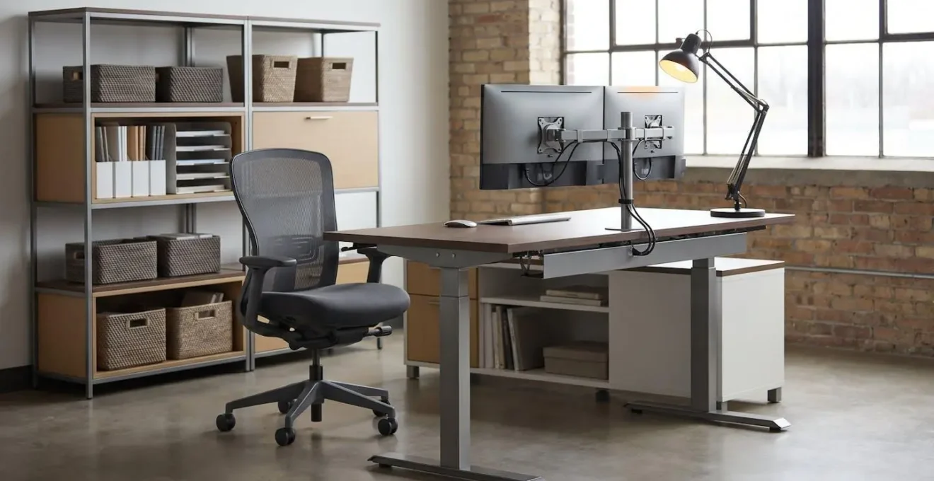 Bureau moderne avec double écran, fauteuil ergonomique, bureau réglable en hauteur et solutions de rangement organisées dans un environnement professionnel contemporain