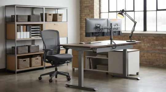Bureau moderne avec double écran, fauteuil ergonomique, bureau réglable en hauteur et solutions de rangement organisées dans un environnement professionnel contemporain