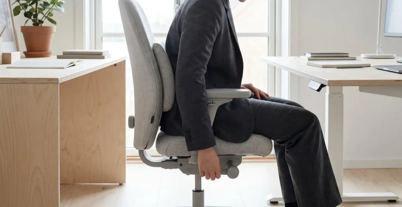 Fauteuil de bureau ergonomique avec mécanismes de réglage visibles, personne adoptant une posture correcte dans un environnement de travail moderne